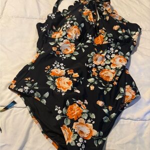 Cupshe Black One-Piece Swimsuit with Orange Floral Print